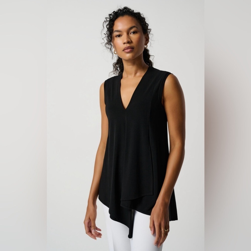 Joseph Ribkoff Black Asymmetrical Sleeveless Blouse, Tunic Style, V Neck, US 4